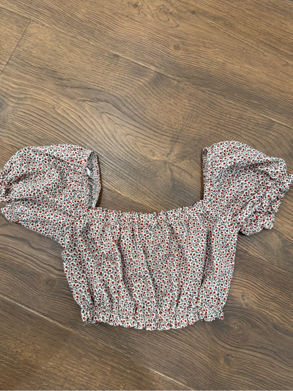 Floral Smocked White Crop Top with Red Print